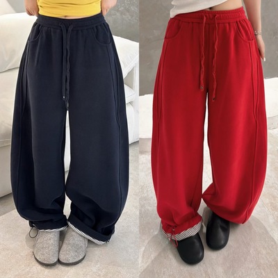 欧洲站2025秋冬新款系带松紧腰侧压线内里拼色条纹束脚卫裤休闲裤