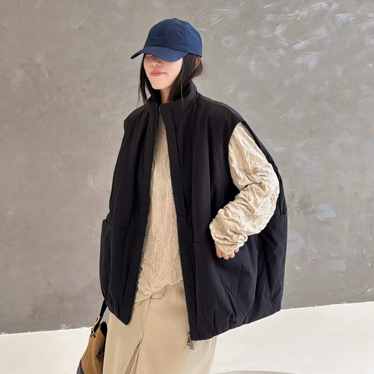 欧洲站2025秋冬欧货立领阔肩无袖大口袋设计双拉链棉衣马甲外套潮
