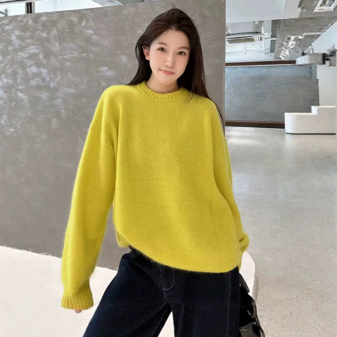 欧洲站2025秋冬欧货圆领落肩慵懒风长袖套头大版绵羊毛针织衫毛衣