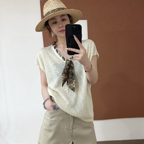 欧洲站2026夏季时髦复古花色丝巾V领薄款套头盖袖冰麻针织衫上衣