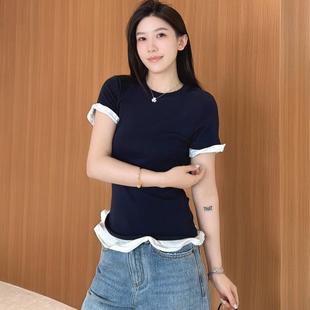 欧洲站2026春季 口下摆木耳边拼接显瘦修身 短袖 T恤潮 纯欲风圆领袖