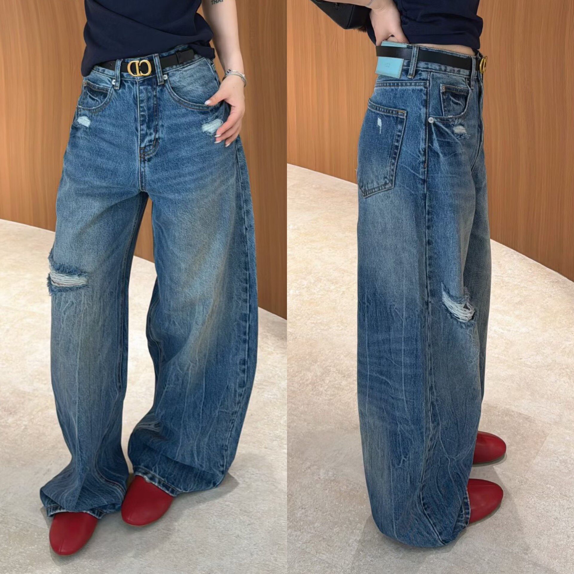 欧洲站2026春季时尚高腰蓝色贴标直筒水洗复古蓝破洞牛仔裤长裤潮