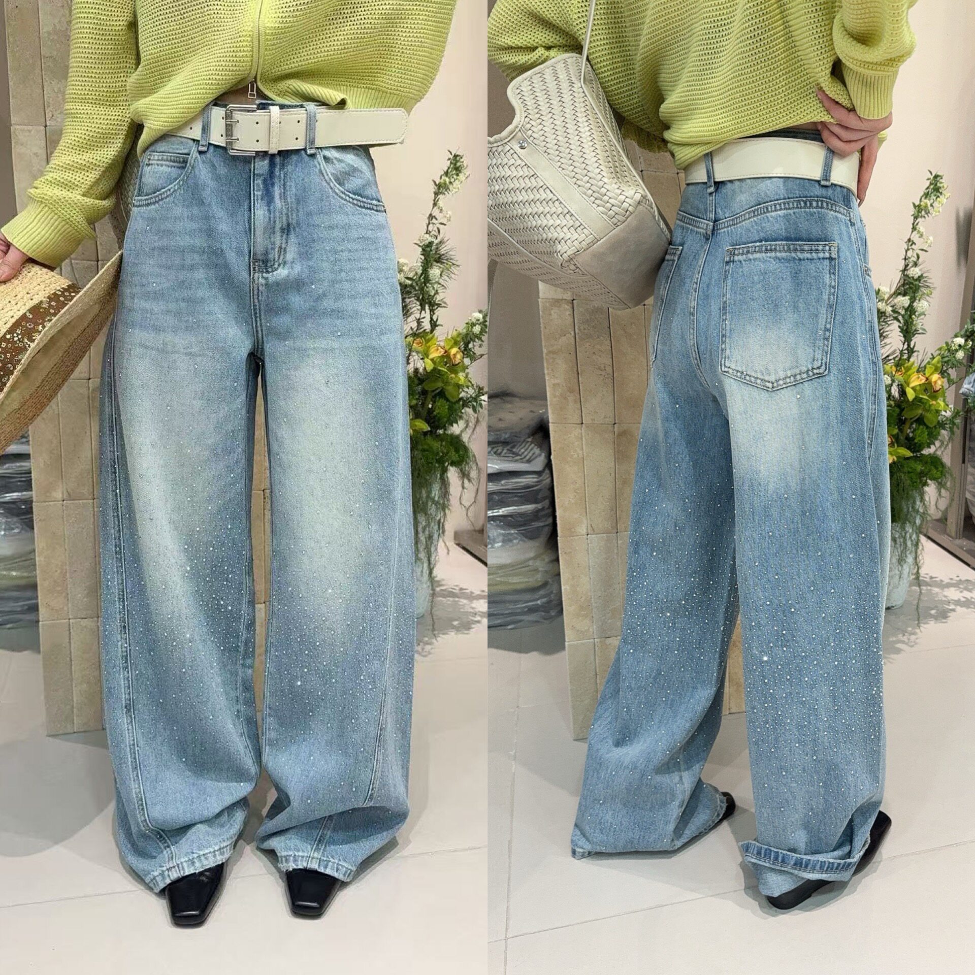 欧洲站2026春季洋气高腰阔腿裤女显瘦百搭直筒浅色烫钻牛仔裤长裤