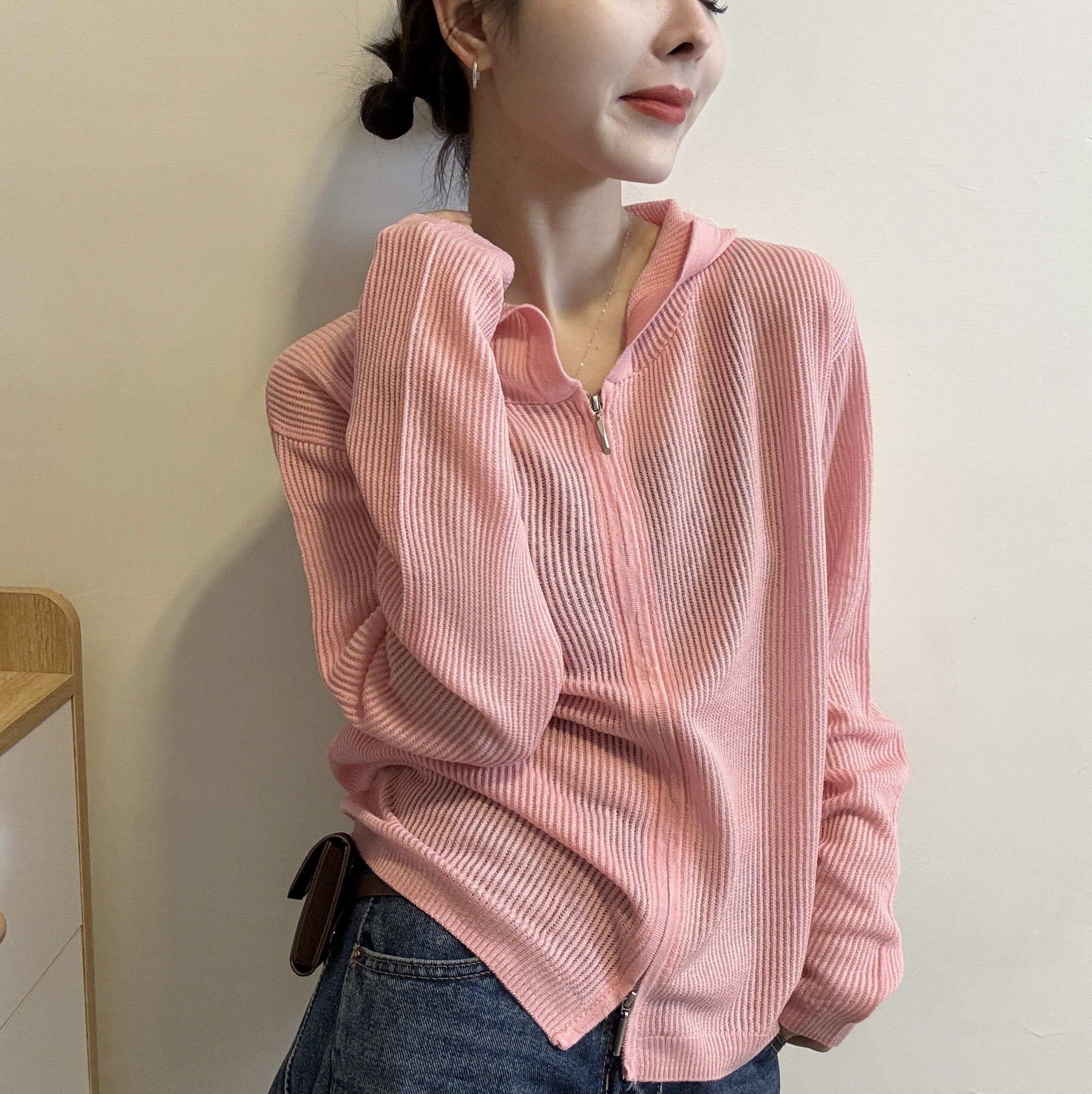 欧洲站2026春季简约纯色连帽宽松双拉链显瘦螺纹糖果色针织开衫潮