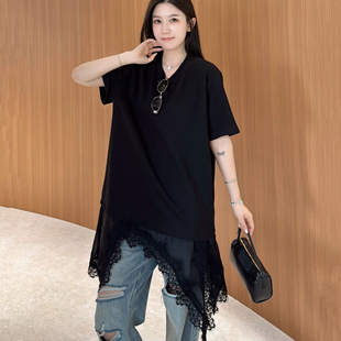T恤打底衫 女 圆领时髦下摆蕾丝拼接不规则短袖 欧洲站2026春夏新款
