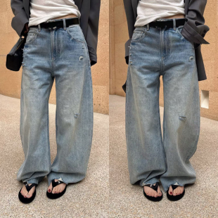 慵懒长裤 欧洲站2026春季 欧货高腰直筒洋气做旧破洞水洗毛边牛仔裤