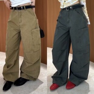 裤 欧洲站2026春季 休闲工装 高腰侧大口袋褶皱设计弯刀阔腿裤 潮 时尚