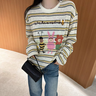 欧洲站2026春季欧货圆领减龄卡通图案印花长袖大版慵懒条纹T恤女