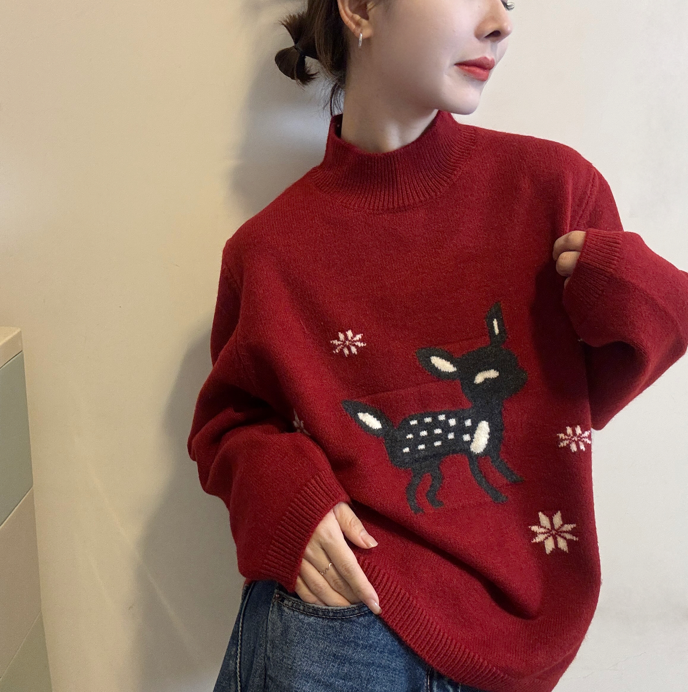 欧洲站2025冬季立领卡通小鹿刺绣针织衫减龄套头韩版糖果色毛衣女