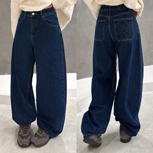 长裤 高腰口袋菱格压线直筒拉绒深蓝牛仔裤 欧货净版 欧洲站2025冬季