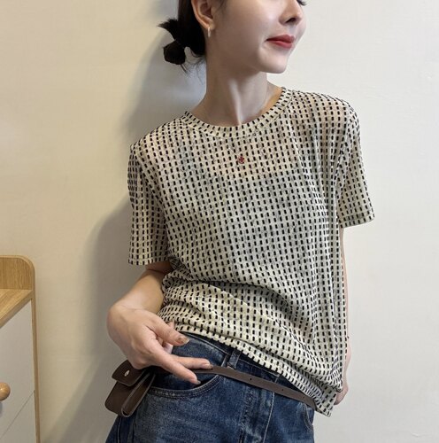 欧洲站2026春夏新款圆领植绒线条薄款短袖打底衫百搭基础T恤上衣