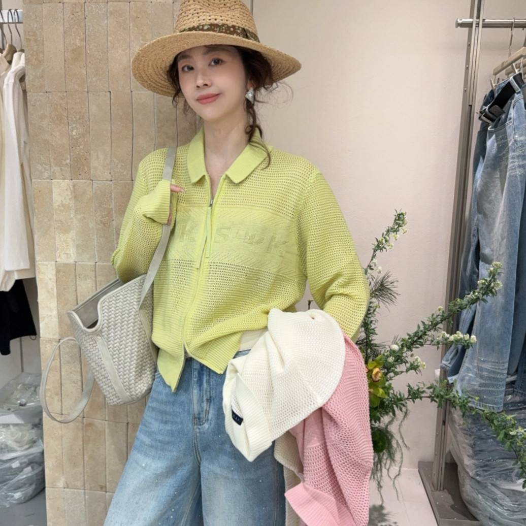 欧洲站2026春季韩版POLO领飘带双拉链糖果色镂空字母针织开衫毛衣