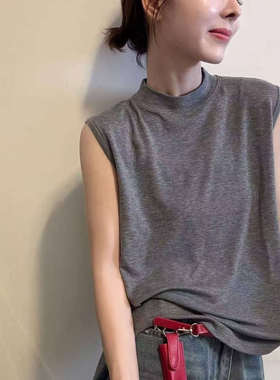 欧洲站2026春夏新款气质小立领舒适百搭棉质无袖T恤打底衫背心女