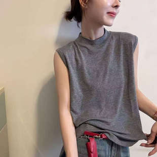欧洲站2025早秋新款 背心女 气质小立领舒适百搭棉质无袖 T恤打底衫