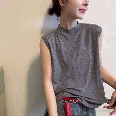 欧洲站2026春夏新款气质小立领舒适百搭棉质无袖T恤打底衫背心女