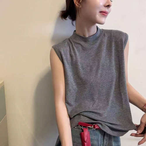 欧洲站2026春夏新款气质小立领舒适百搭棉质无袖T恤打底衫背心女