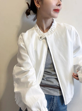欧洲站2026春季简约纯色小立领机车风拉链短款夹克休闲外套上衣女