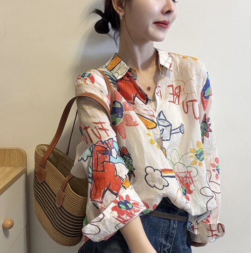 欧洲站2026春季新款韩版POLO领长袖创意彩色涂鸦印花苎麻衬衫上衣