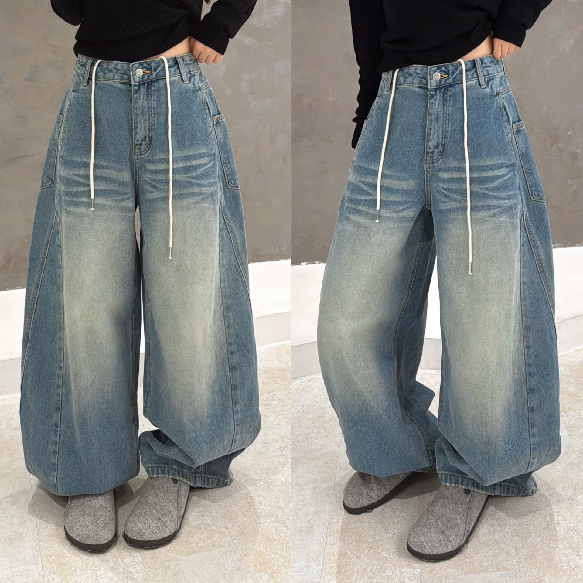 欧洲站2025秋冬欧货高腰洋气内抽绳做旧磨白水洗浅色阔腿牛仔长裤