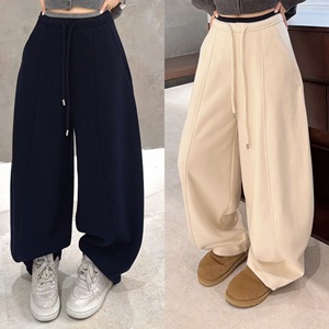 欧洲站2025冬季腰头撞色松紧系带压线加厚一体绒卫裤阔腿休闲裤潮