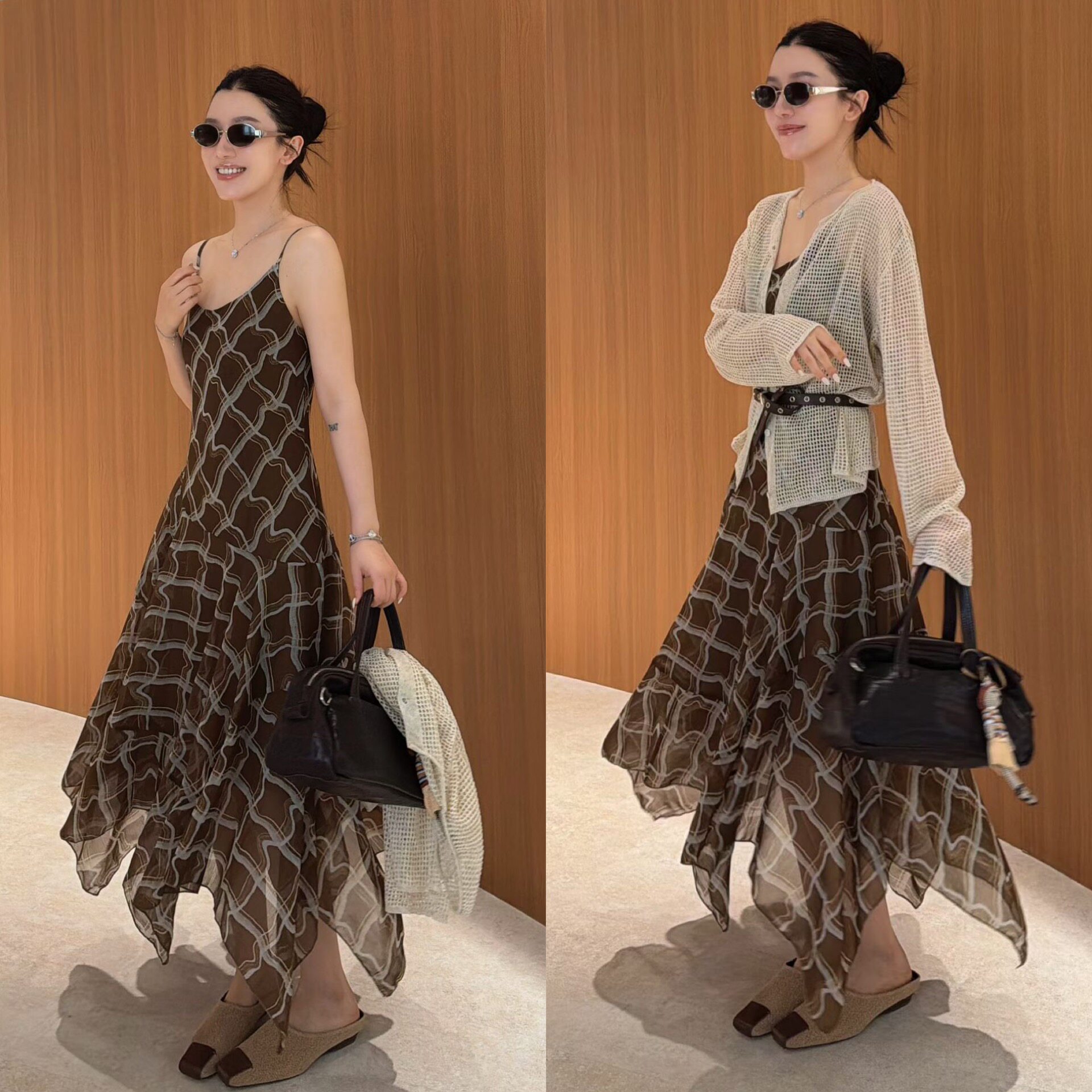 欧洲站2026夏季韩系网格镂空开衫+不规则花色吊带裙两件套套装裙