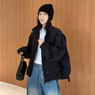 欧洲站2026春季 假两件夹克冲锋衣外套 POLO领后背大口袋拼接A字版