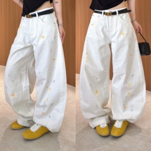 潮 长裤 欧洲站2026春季 欧货高腰显瘦内压线时髦漆点白色牛仔弯刀裤