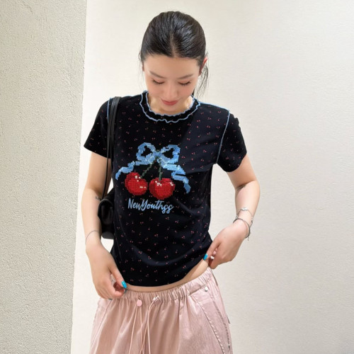 欧洲站2026夏季欧货圆领韩系少女风樱桃图案印花短袖修身小版T恤