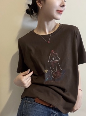 欧洲站2026春季新款圆领创意涂鸦小狗印花短袖T恤韩系打底衫上衣