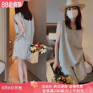 欧洲站2023夏季韩系圆领复古流苏背心A字版短裤两件套花灰色套装