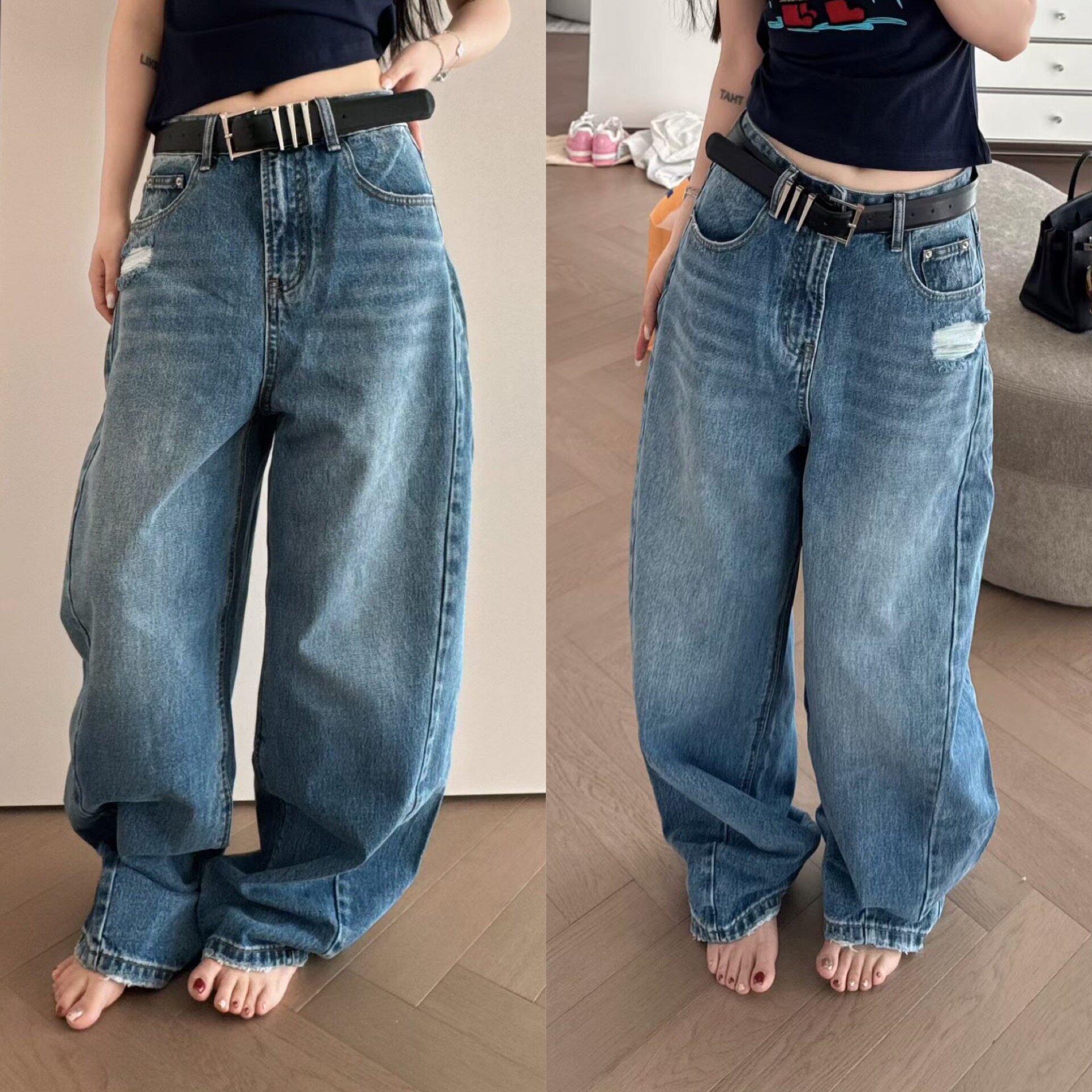 欧洲站2026春季欧货高腰口袋磨破显瘦休闲侧压线弯刀牛仔裤长裤潮