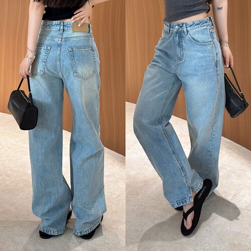 欧洲站2026春季欧货高腰后卡其定标显瘦窄版直筒开叉牛仔裤长裤