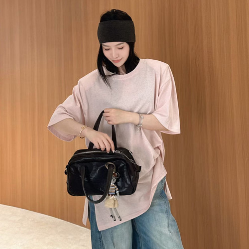 欧洲站2026春季欧货圆领调性大垫肩设计短袖纯色侧开叉大版T恤潮