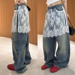 欧洲站2026春季 潮 欧货洋气蕾丝屁帘拼接假两件阔腿慵懒甜酷牛仔裤