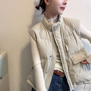 欧洲站2025秋冬韩版 大口袋保暖羽绒马甲外套 立领飘带拉链设计无袖