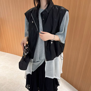 欧洲站2026春季 港风扣袢立领下摆抽绳网纱拼接甜酷PU皮马甲外套潮