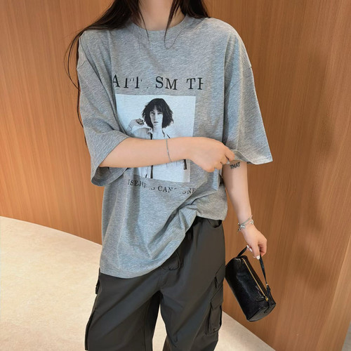 欧洲站2026夏季新款圆领潮流欧货人物印花短袖慵懒大版字母T恤潮