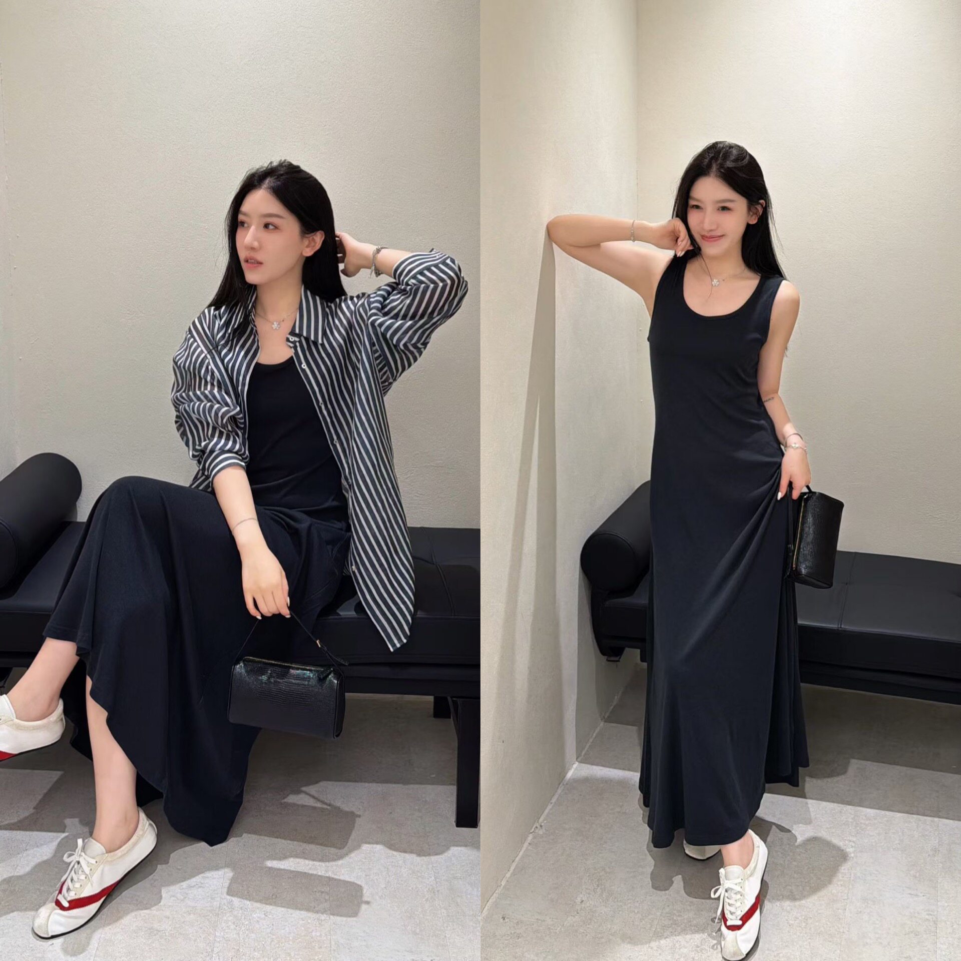 欧洲站2026夏洋气修身无袖长款背心裙+长袖条纹衬衫两件套连衣裙