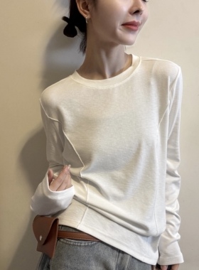 欧洲站2026春季新款纯色圆领显瘦侧压线设计净版长袖打底衫T恤女