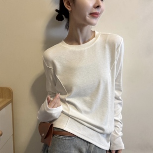 打底衫 欧洲站2026春季 长袖 纯色圆领显瘦侧压线设计净版 T恤女 新款