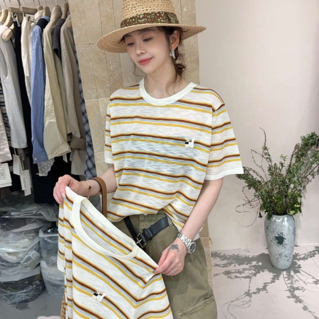 欧洲站2026春季韩系圆领卡通小刺绣薄款套头短袖条纹冰丝针织衫女