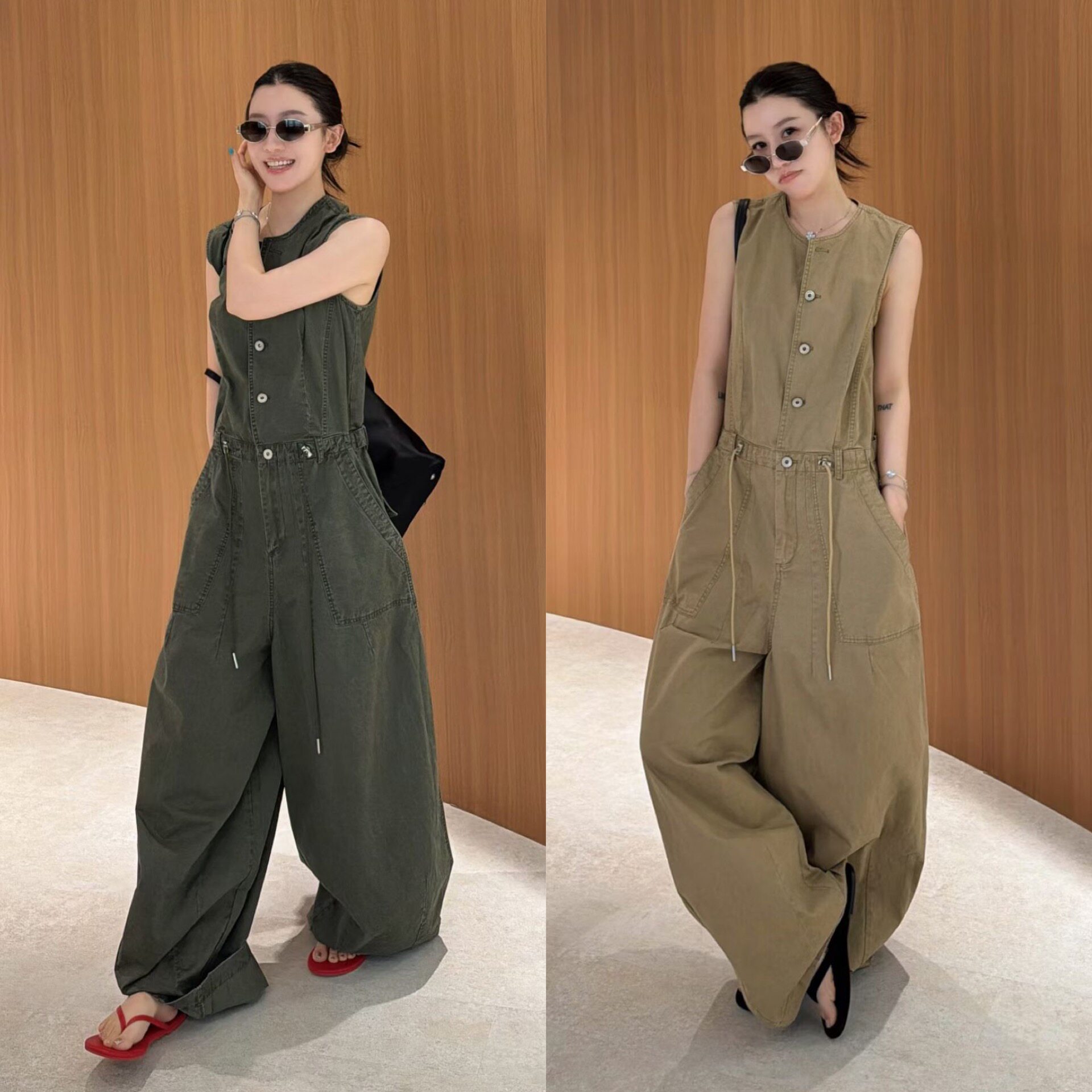 欧洲站2026夏季港风圆领排扣抽绳收腰无袖帅气工装连体裤休闲长裤