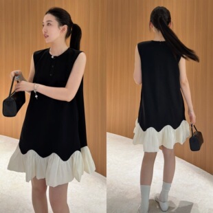 欧洲站2026夏季轻奢风圆领无袖A字版荷叶边拼接中长背心裙连衣裙
