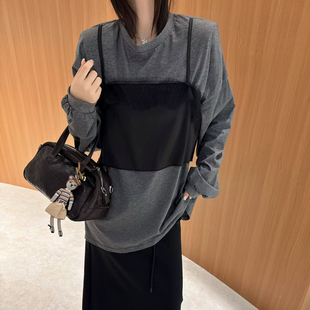 欧洲站2026春季 T恤潮 欧货圆领时髦大垫肩蕾丝吊带拼接假两件大版