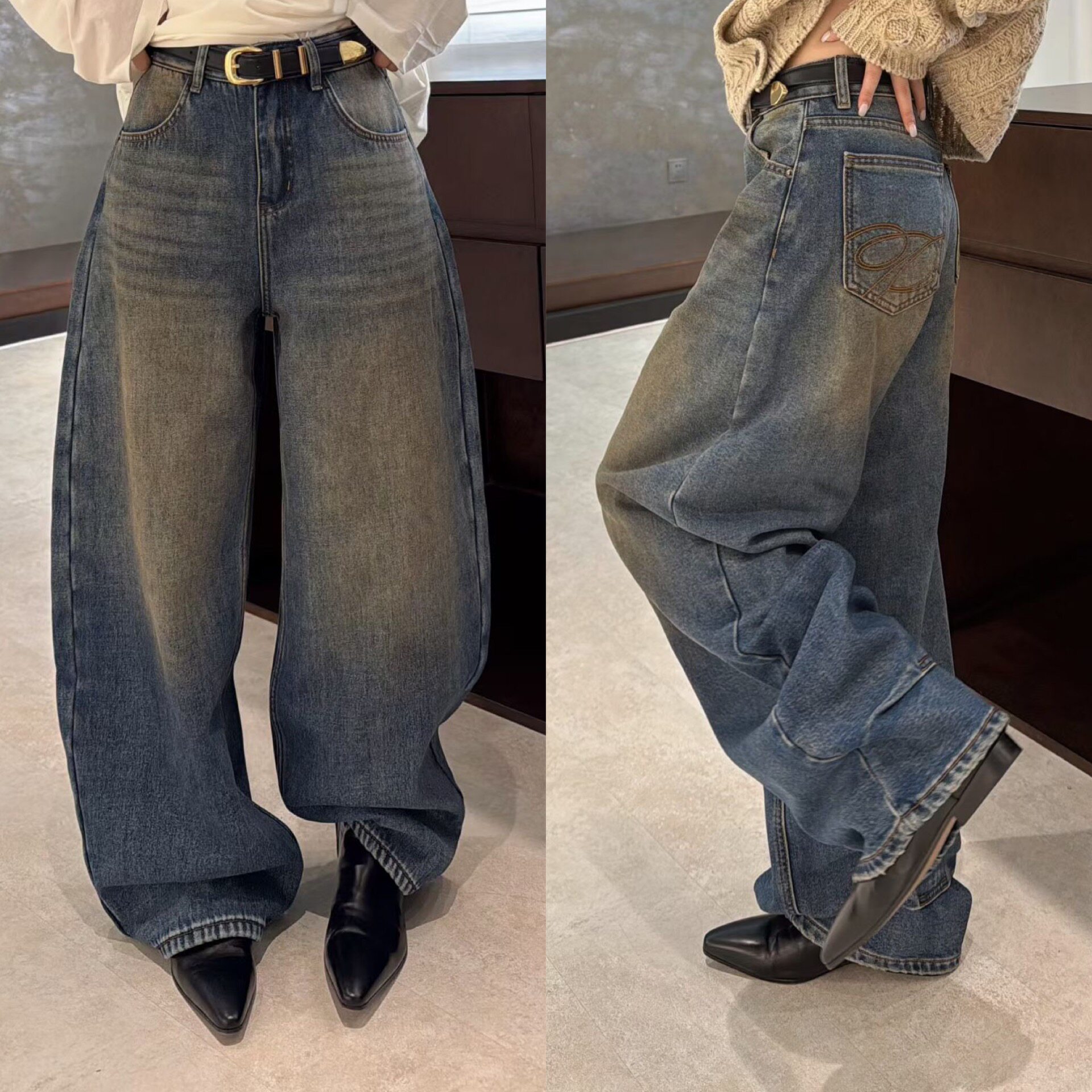 欧洲站2025冬季欧货后腰贴标口袋刺绣直筒加绒做旧水洗复古牛仔裤,女装/女士精品,牛仔裤,淘宝优惠券,粉丝福利购,淘宝优惠卷