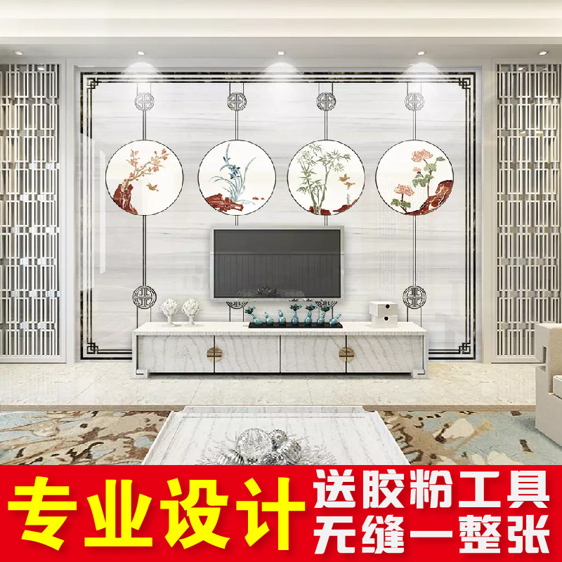 古典花鸟荷花山水墨窗格电视沙发背景墙墙纸餐厅装修会所包间壁画,家装主材,定制壁画,淘宝优惠券,粉丝福利购,淘宝优惠卷
