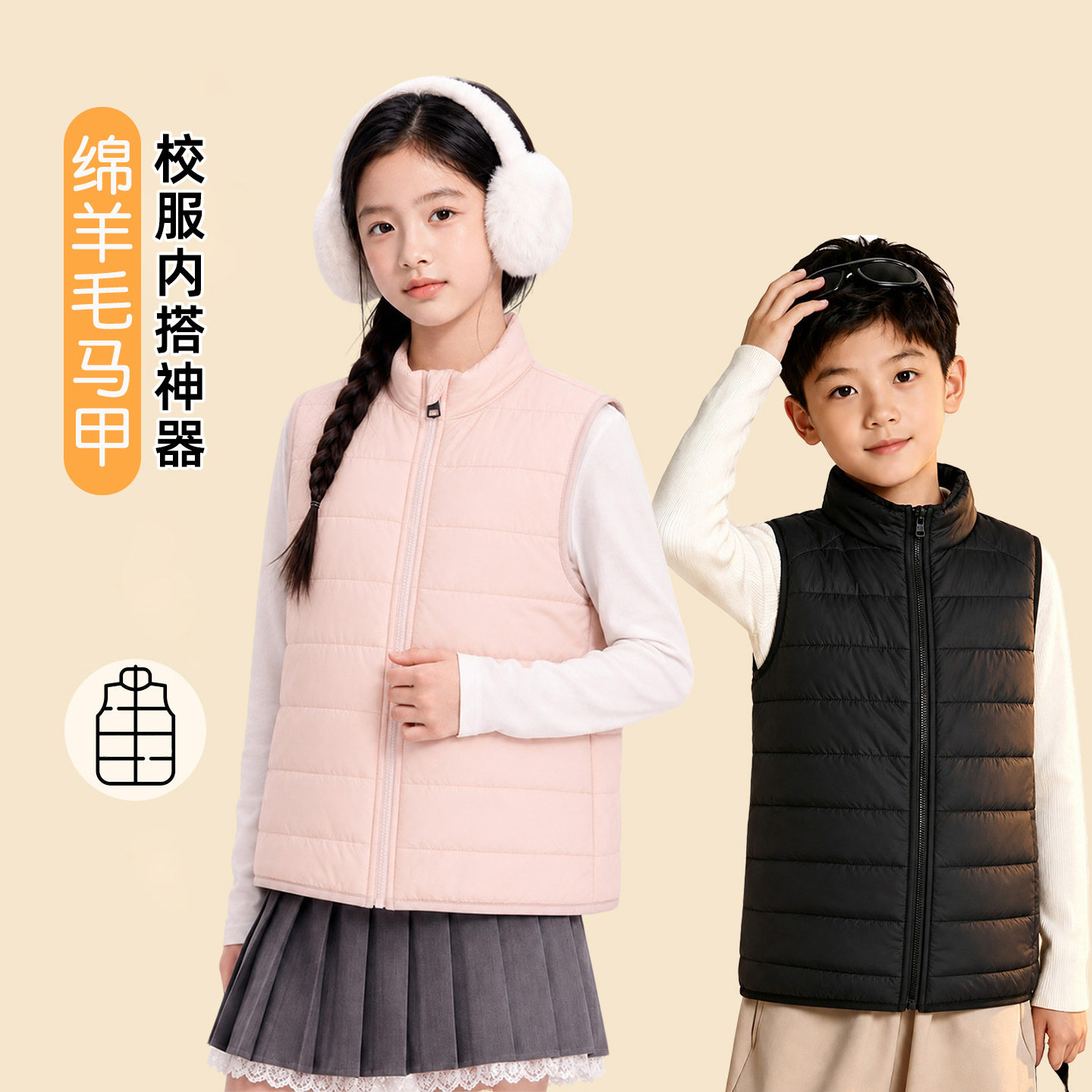 儿童绵羊毛马甲轻薄男女童秋冬季校服神器内穿背心内恤保暖内胆