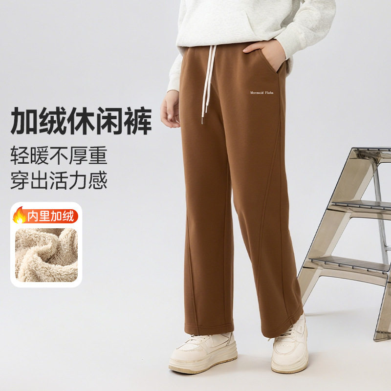 女童裤子加绒加厚冬季宽松运动裤休闲外穿阔腿裤中大童通用长裤女