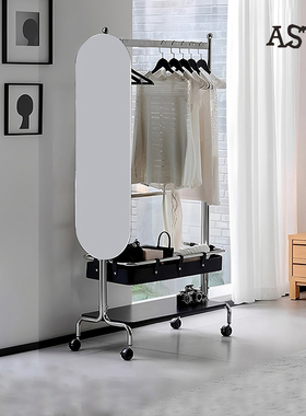 2025年新款中古实木衣帽架穿衣镜一体卧室落地可移动挂衣架不锈钢