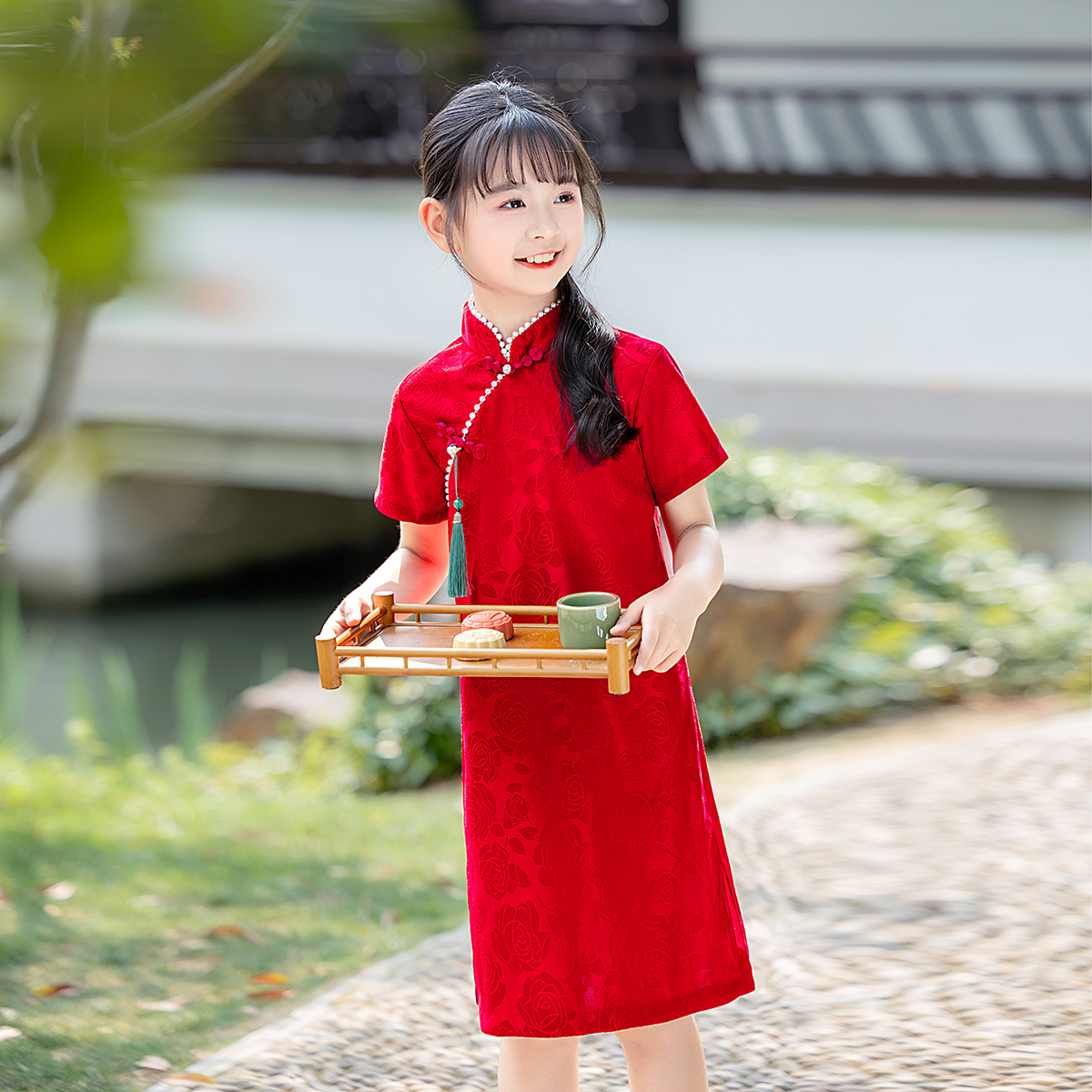儿童旗袍女童红色送考夏2025新款小女孩生日中式连衣裙演出中国风